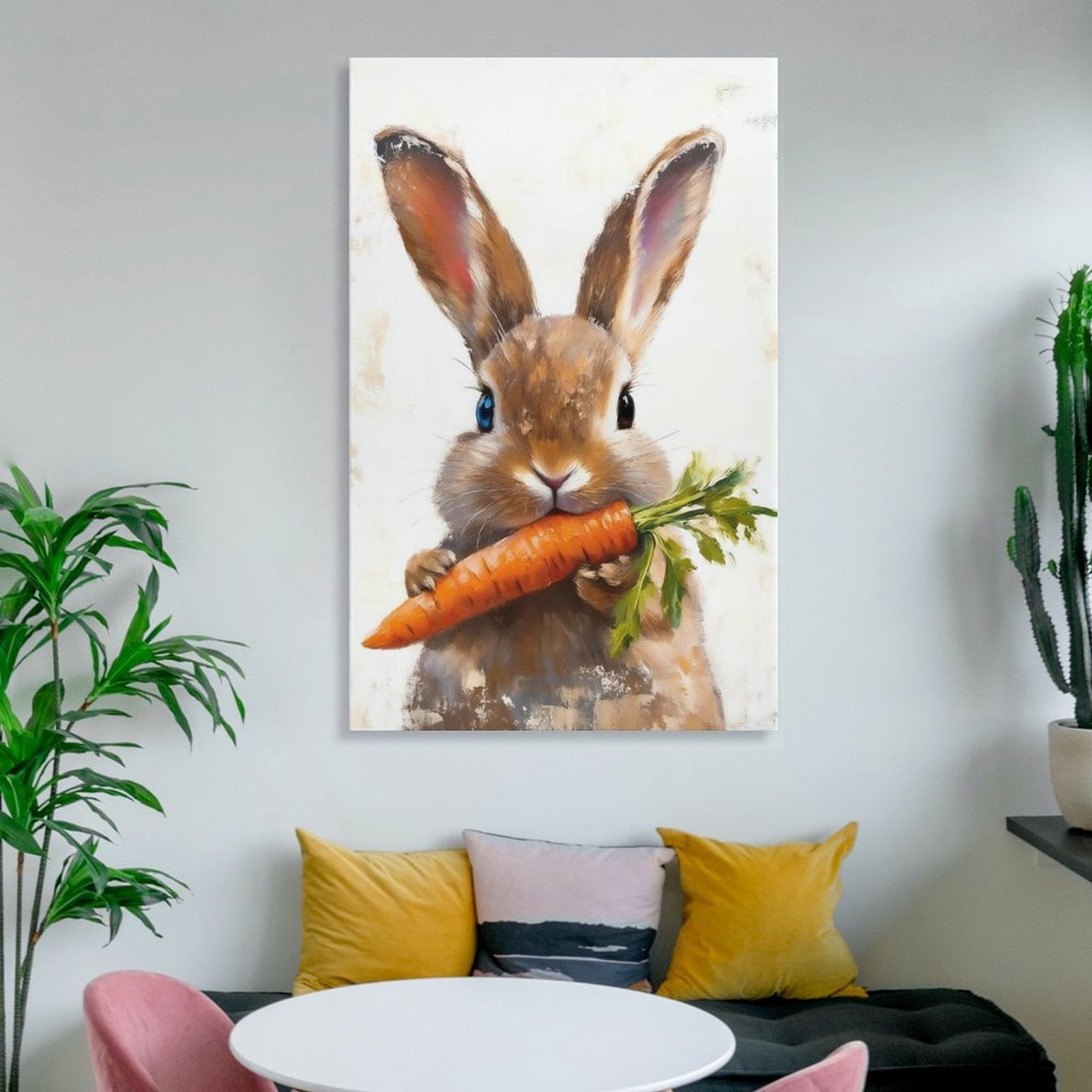 Framed Vintage Rabbit Canvas Wall Art, Cute Easter Bunny with Carrot Pictures Wall Decor, Spring Farmhouse Animal Paintings Prints Cottagecore Home Decor for Living Room kitchen Nursery