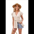thumbnail image 2 of Blusa Informal de Corta con Cuello en V y Volantes para Mujer, Camisa de Botones de Estilo Formal, Color Albaricoque, Talla S, 2 of 8
