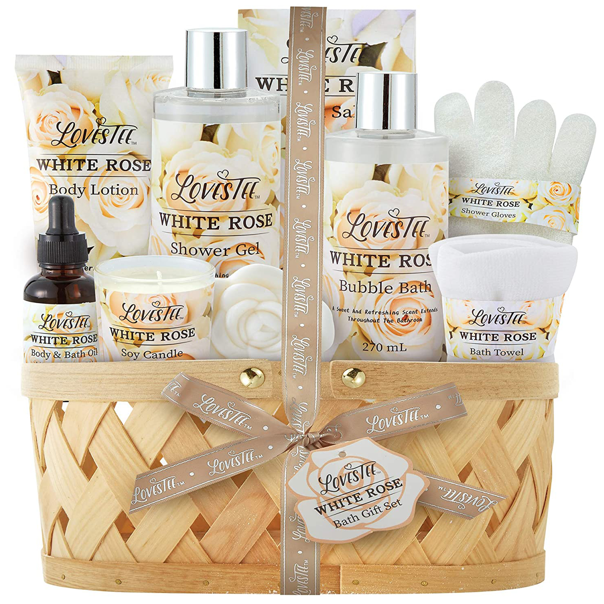 Lovestee White Rose Bath and Body Spa Gift Basket for Women with Bath Towel