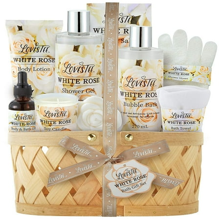 Lovestee White Rose Bath and Body Spa Gift Basket for Women with Bath Towel