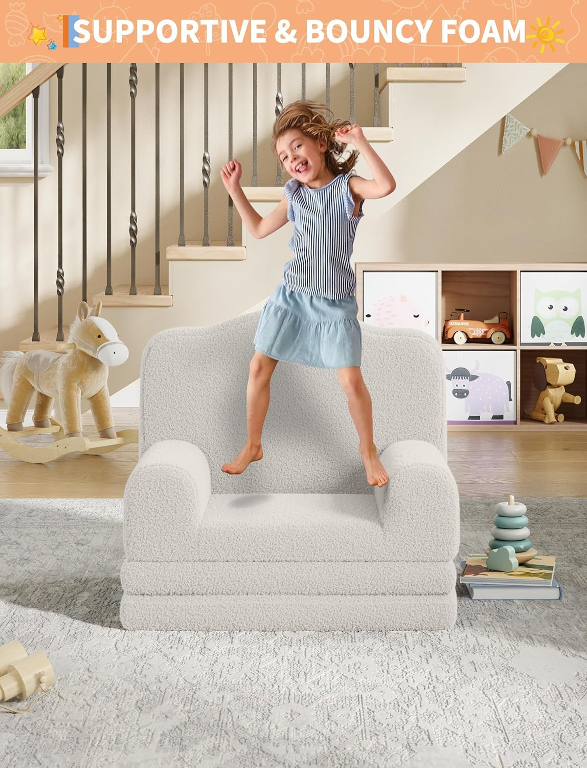 Kids Couch, 2-in-1 Convertible Teddy Fleece Fabric Toddler Sofa Chair, Soft Fold Out Couch Lounger for Kids, Comfy Children's Sofa Bed for Playroom, Nursery, Birthday Gift (White Crown)