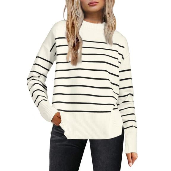 DARING DIVA Women's Striped Pullover Spring Crewneck Knit Sweater M White