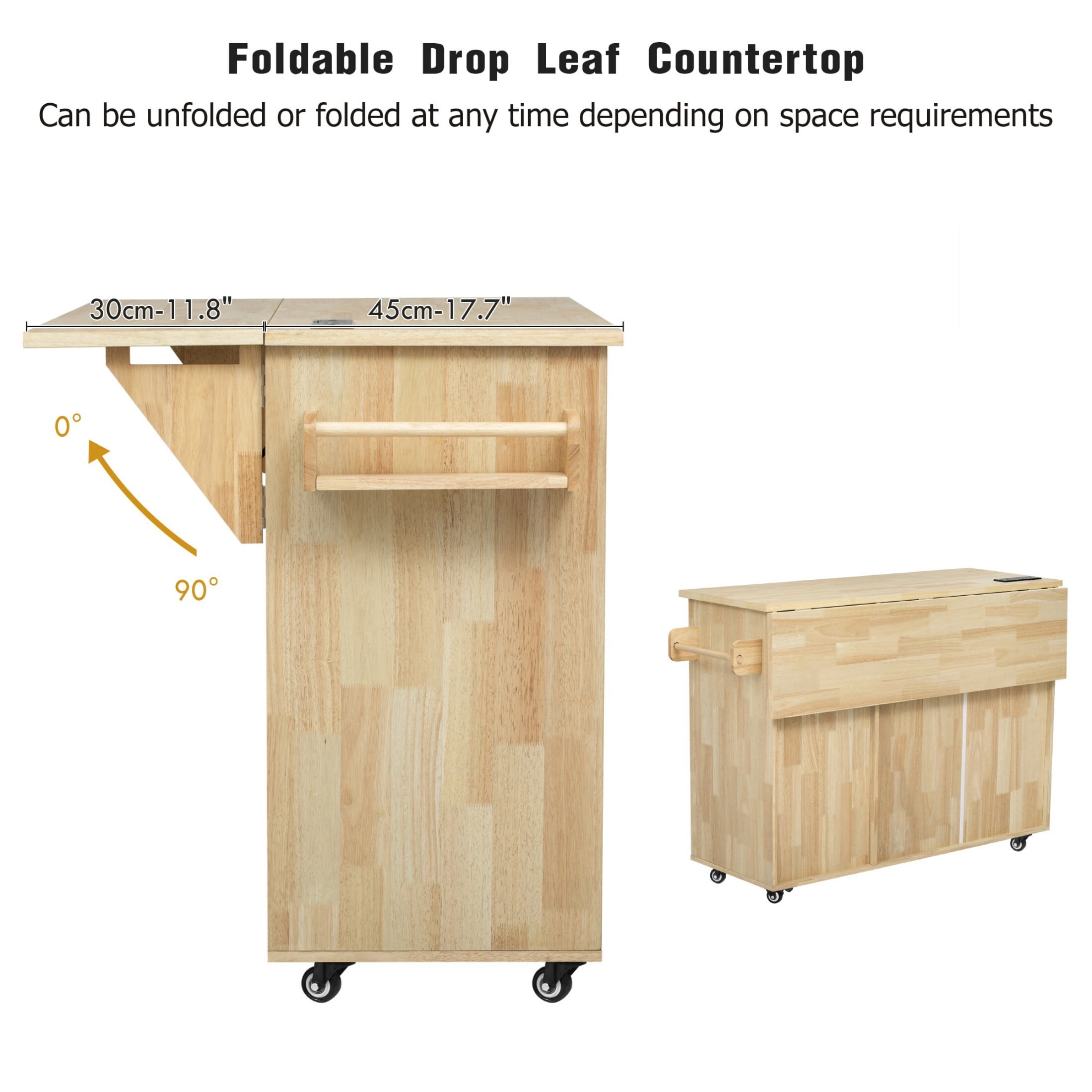 DEALTOPS 53.2'' Kitchen Island with Power Outlet and Drop Leaf, Moving Woven Checkerboard Design Kitchen Storage Carts, Natural