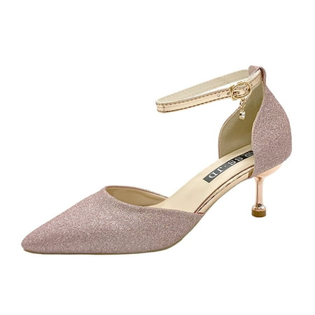 

WANYNG Ladies Fashion Solid Color Pointed Toe Sandals Sequin Buckle Thin High Heel Shoes Suede Flats Glitter Booties for Women with Heel