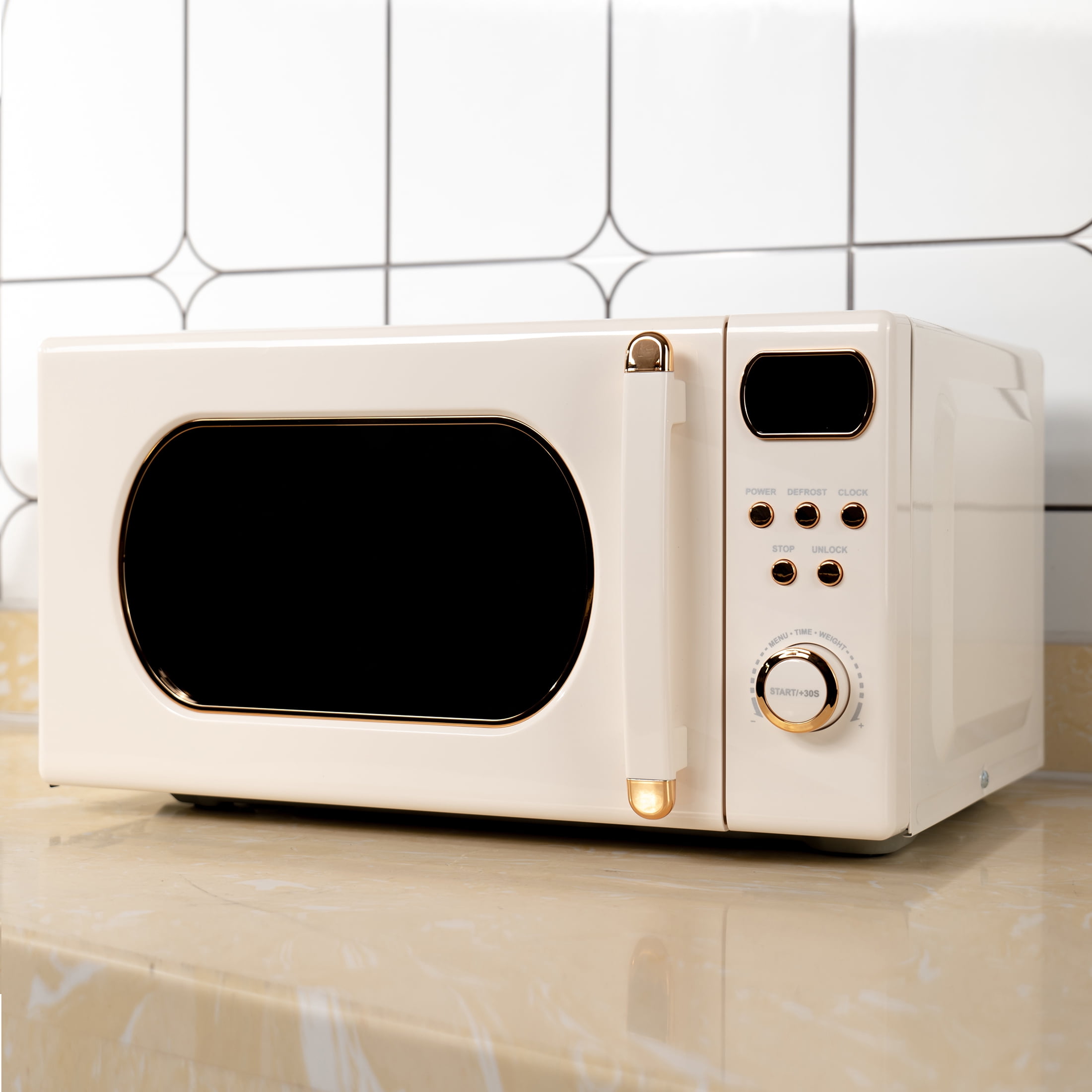 Mainstays 0.7 Cu ft Retro Countertop Microwave Oven , 700 Watts, Vanilla Dream, New