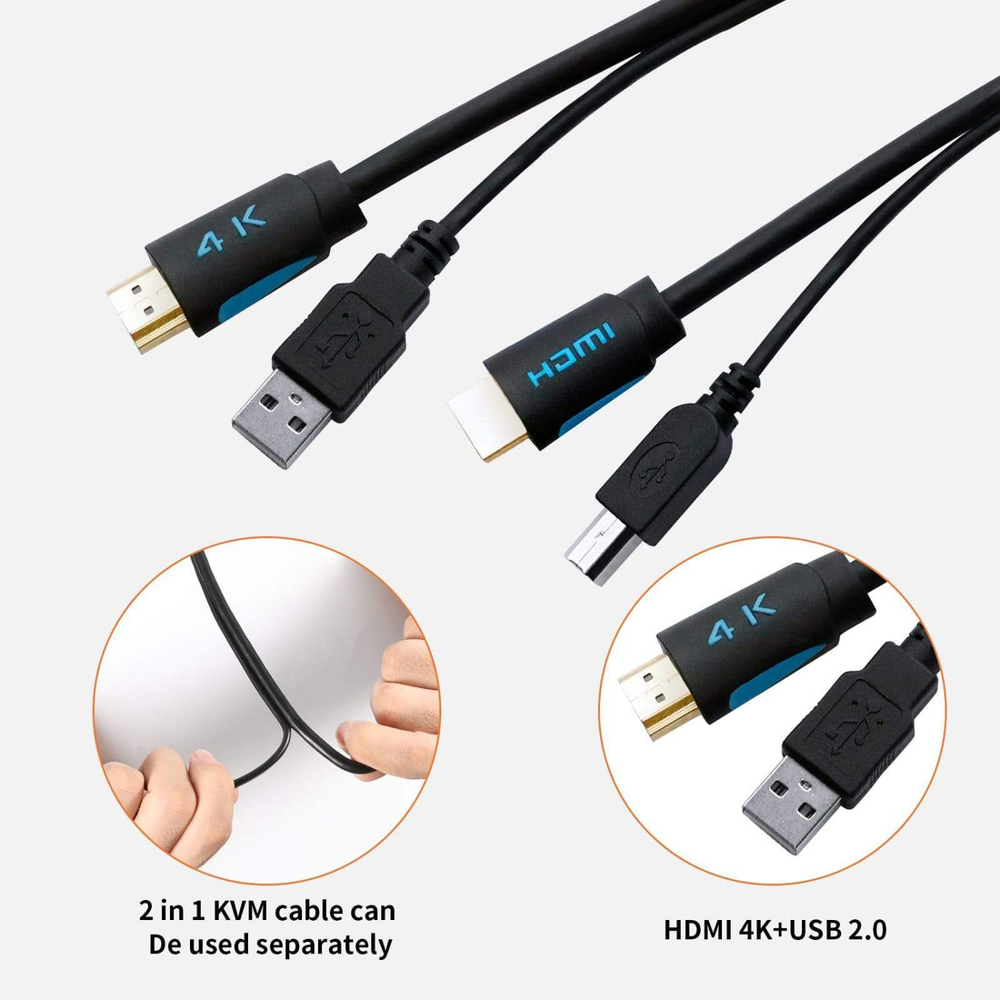 TESmart 2 Pcs 5ft Standard Twin Cable HDMI + USB KVM Cable USB Type A to USB Type B (2 Pcs/Lot USB + HDMI Cables) - image 4 of 6