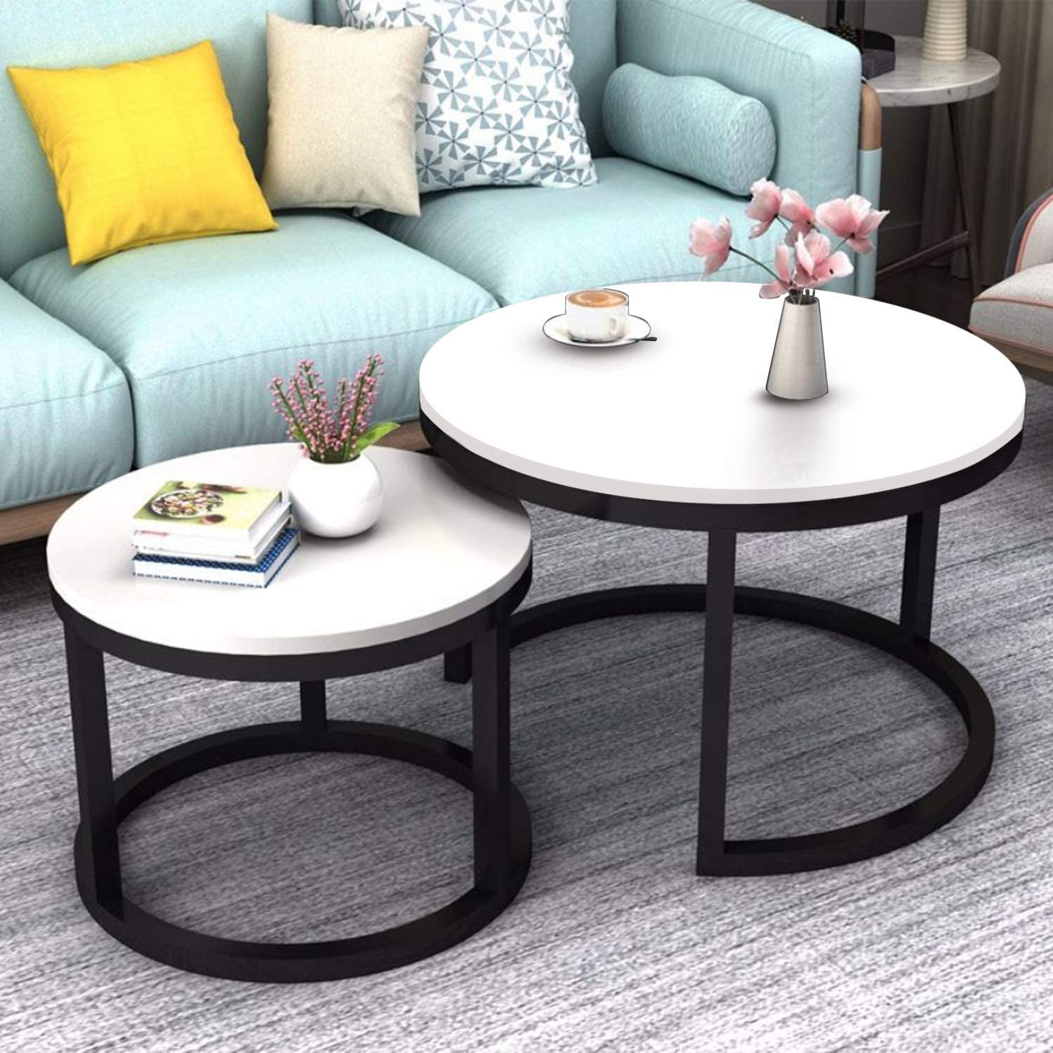 2 Round Tea Table Coffee Table Desk Sets | White - Twin Sets Multi
