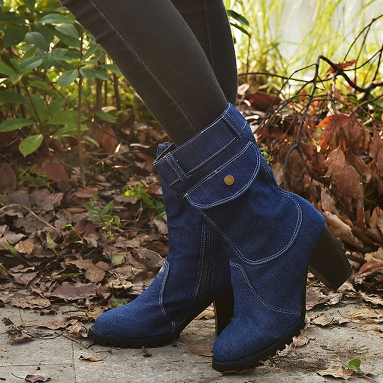 Leozcaa Denim Mid-Calf Boots for Women Round Toe Chunky High Heel