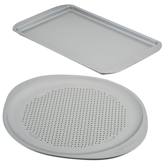 Farberware Nonstick Bakeware Perforated Pizza Pan and Baking Sheet Set, 2-Piece, Light Gray