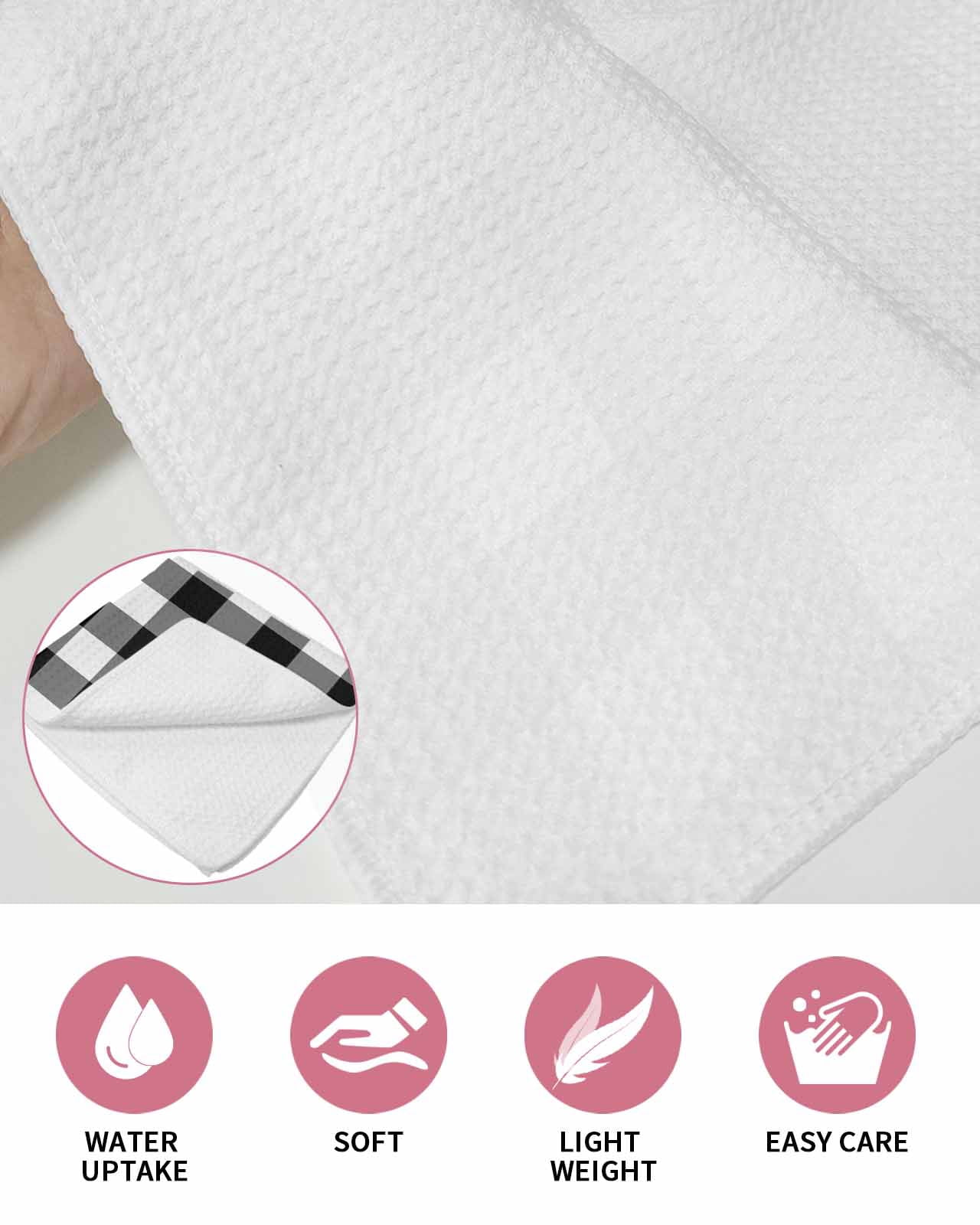 Black White Plaid Kitchen Dish Towels for Drying Dishes Set of 2, Gradient Geometric Buffalo Checkered Waffle Weave Microfiber Hand Tea Bathroom Towels Quick Dry & Absorbent Towel 12x12