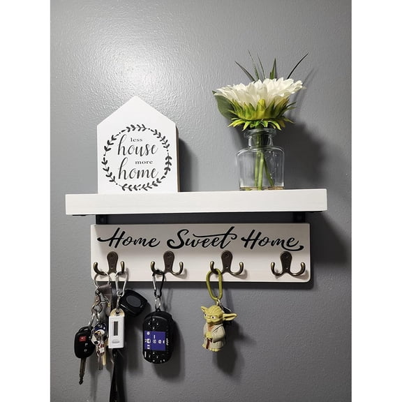 Wall-Mounted Key and Mail Holder, Wooden Key Rack with 4 Double Key Hooks, Rustic Home Decor for Entryway(White)