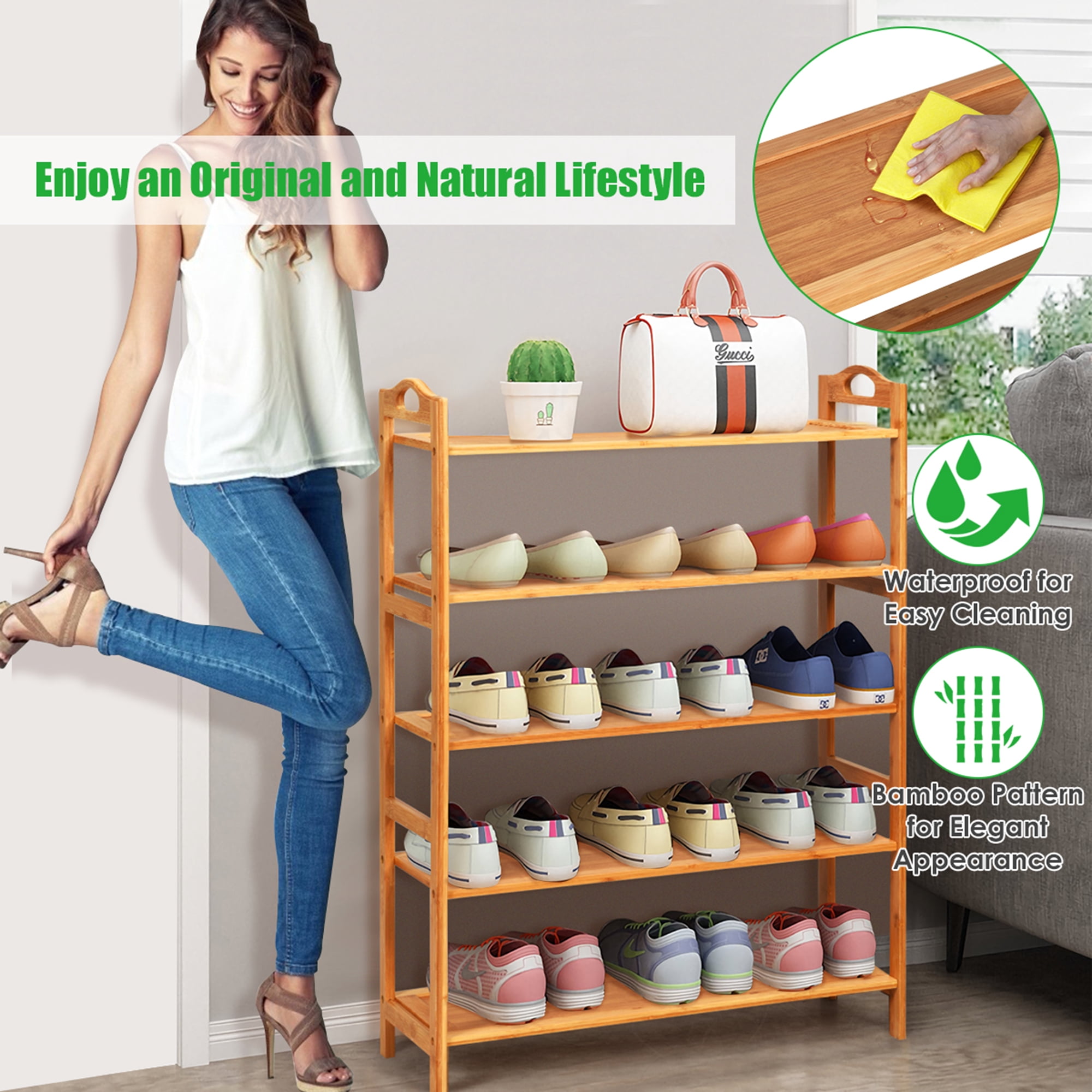 Gymax 5-Tier Bamboo Shoe Rack FreeStanding Shoe Shelf Entryway Shoe Storage Organizer