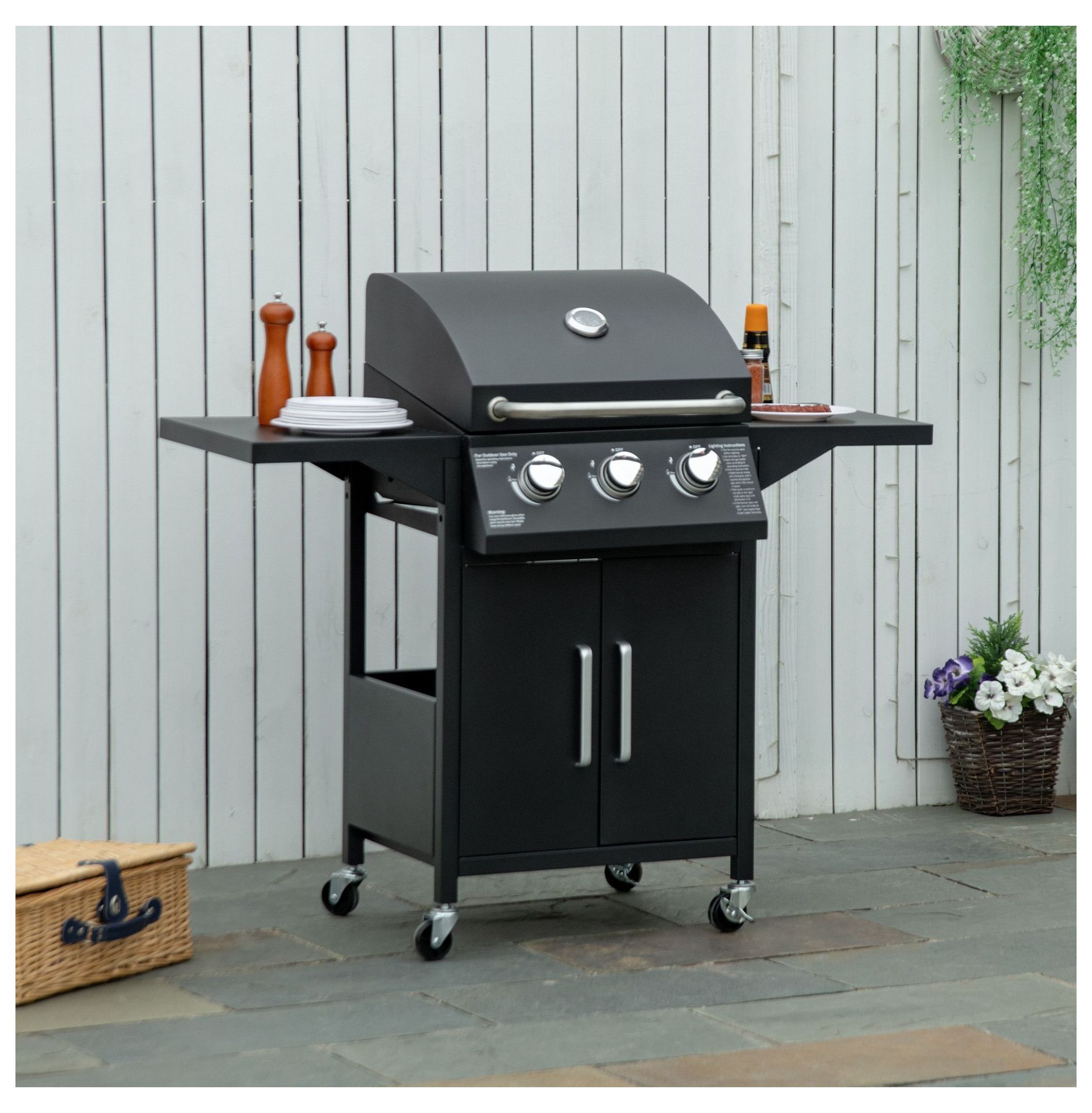 3 Burner Gas Grill Portable BBQ Trolley with Wheels Black - Outdoor Propane Grill for Patio & Camping