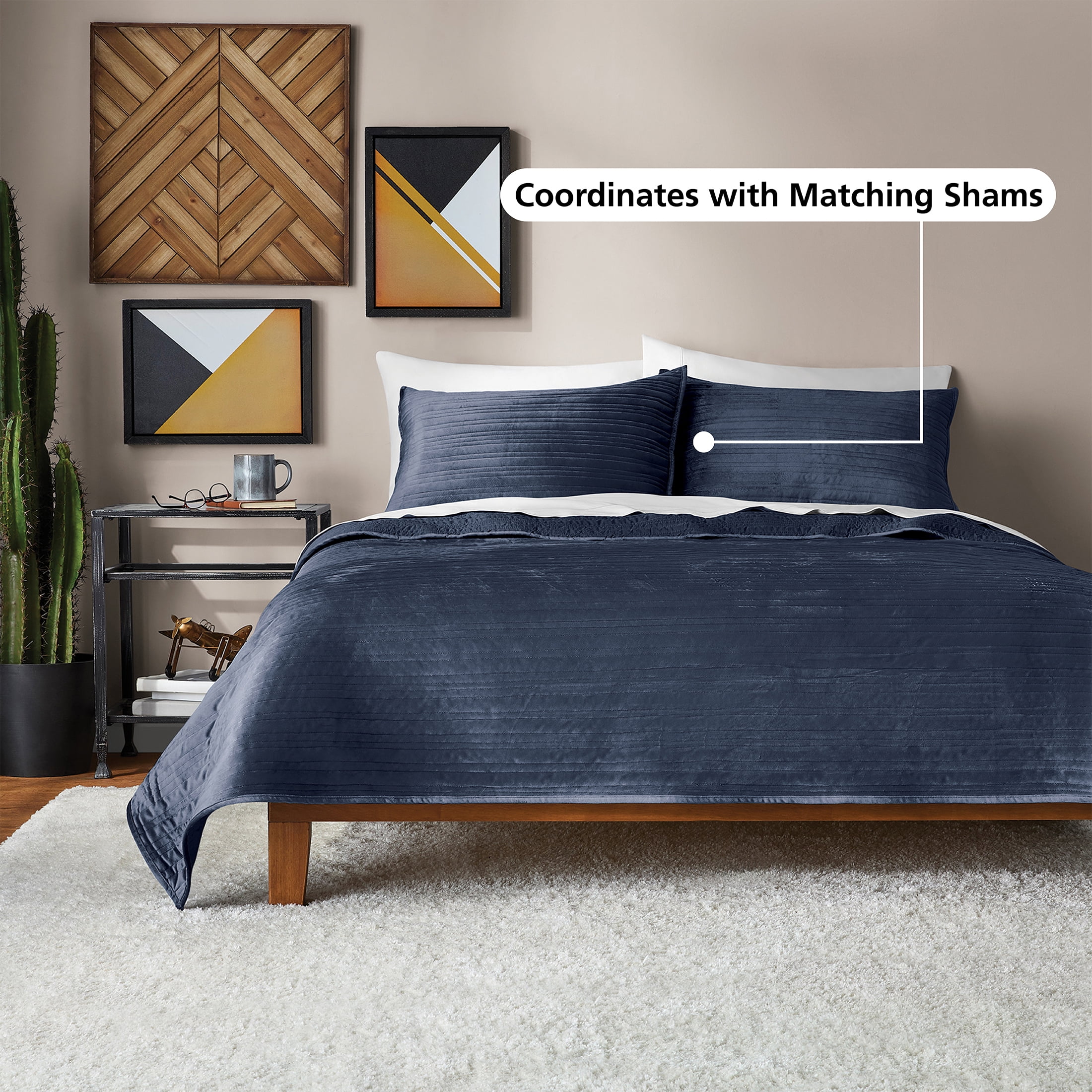 Mainstays Quilts Dark Blue Solid Print 100% Polyester Quilted Quilts, King-Hypoallergenic