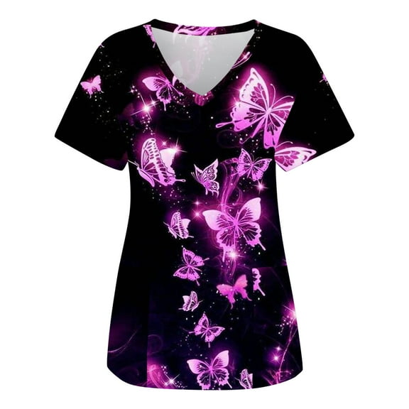 Scrubs Tops For Women Print Butterflies American Flag Print Short Sleeve Workwear V-Neck Pockets Tops Working Shirt