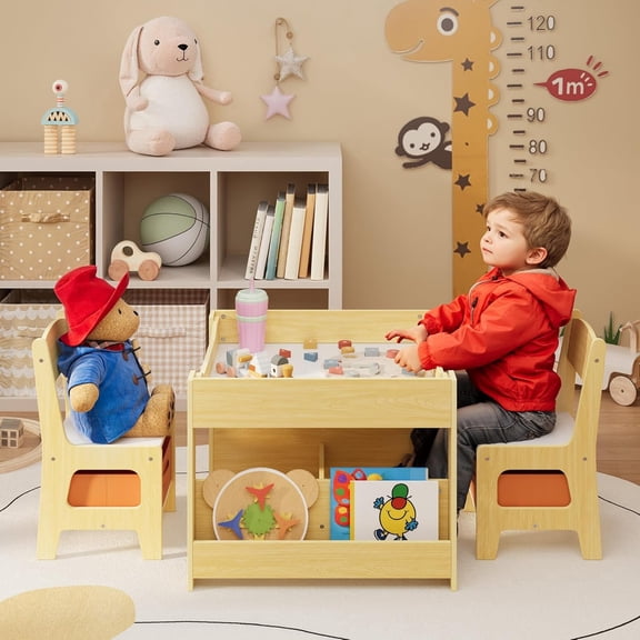 Noelse 4-in-1 Kids Table and Chairs Set with Removable Tabletop Storage, Toddler Craft Table and Charis for Drawing Playing Studying Eating in Playroom Kids Room Living Room