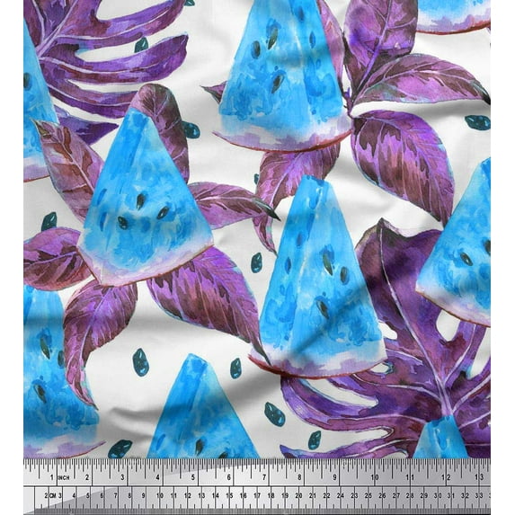 Soimoi Polyester Crepe Fabric Monstera Leaves & Watermelon Fruits Print Fabric by The Yard 52 Inch Wide
