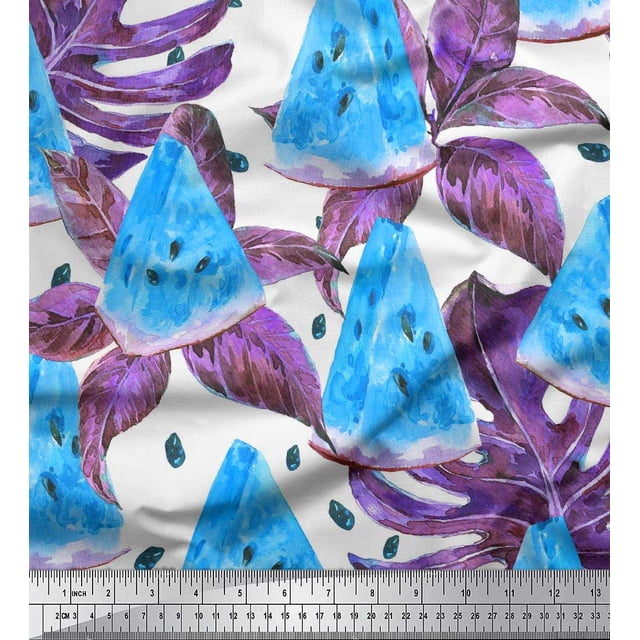 Soimoi Poly Georgette Fabric Monstera Leaves & Watermelon Fruits Print Fabric by The Yard 52 Inch Wide