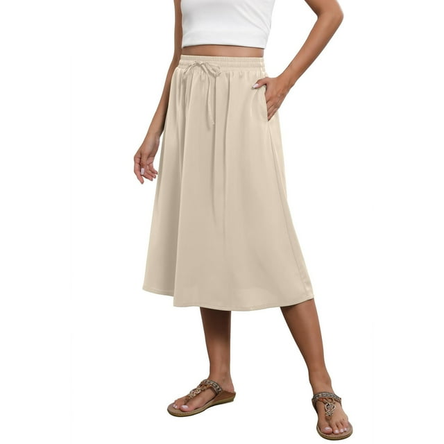 Flowy Midi Skirt Womens Drawstring Elastic High Waist A-Line Beach Vacation Skirt with Pockets Beige XXL