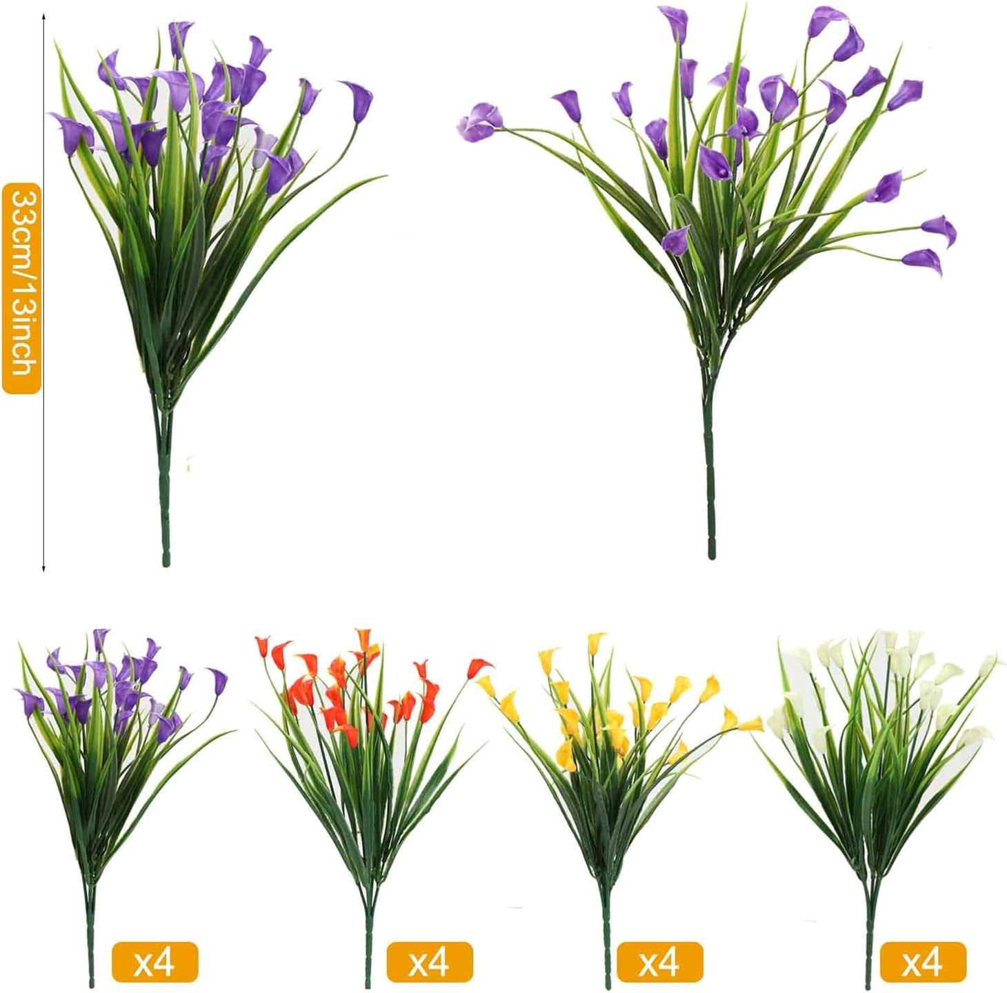 Morttic 16 Bundles Artificial Flowers for Outdoors - UV Resistant Fake Plants Outside,Faux Plastic Calla Lily Spring Flower for Porch Patio Decorations