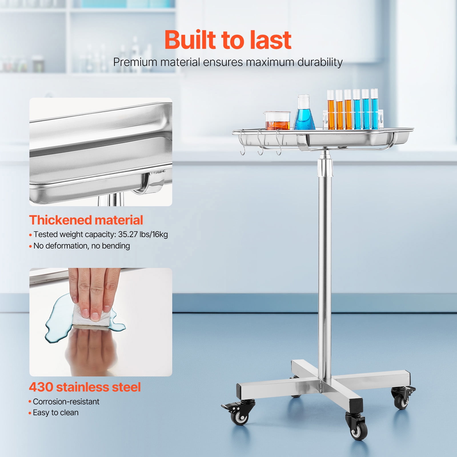 KFFKFF Mayo Stand, Crafted from Stainless Steel, Can Bear Weight up to 35 lbs, Height Flexibility 25.2"-39.8", Mobile Medical Tray with Detachable Tray, Ideal for Spa, Salon, Clinic