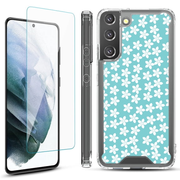 Shockproof Bumper Phone Case for Samsung Galaxy S22  / S22 Plus 5G, with Tempered Glass Screen Protector, by OneToughShield ® - Flower/Teal