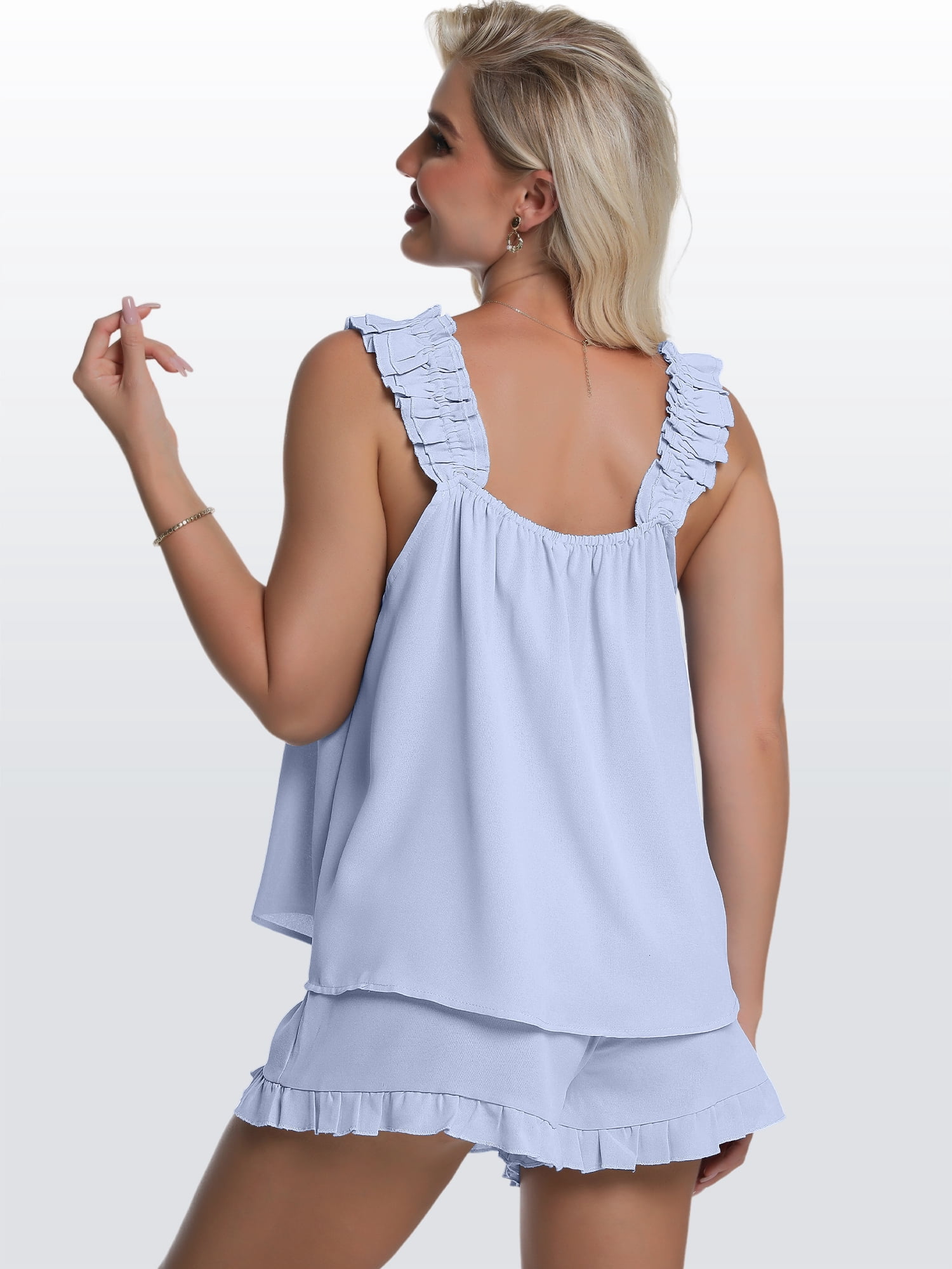 DAKIMOE Womens Pajamas Set 2 Piece Ruffle Pj Soft Tank Top and Shorts Sleepwear Lounge Sets for Women Set Sleeveless Bridal Pajama Sets for Christmas, S-2XL