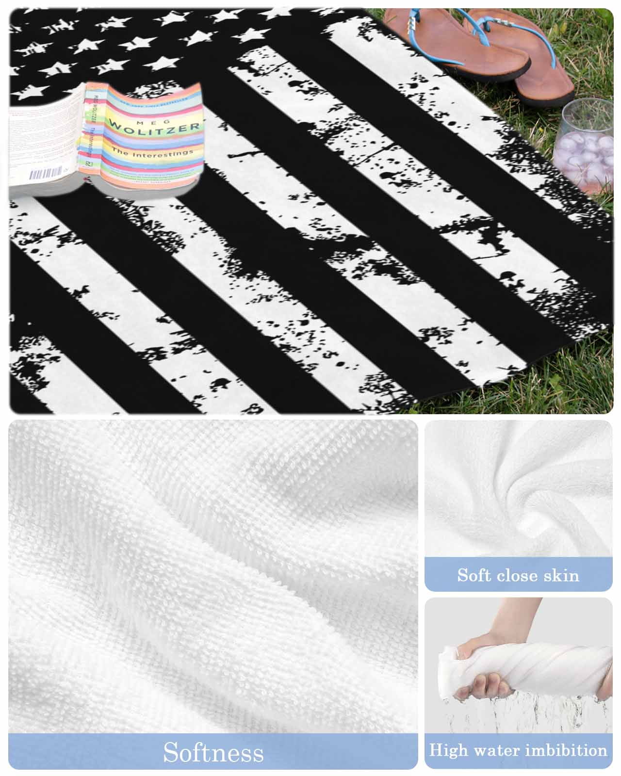 Black White Beach Towels Oversized Super Absorbent, Retro Stars Stripes Flag Shabby Chic Texture Lightweight Bath Towel Quick Dry Sets For Bathroom/Pool/Rv Camping/Beach Play/Gym Room/Picnic 35"x70"