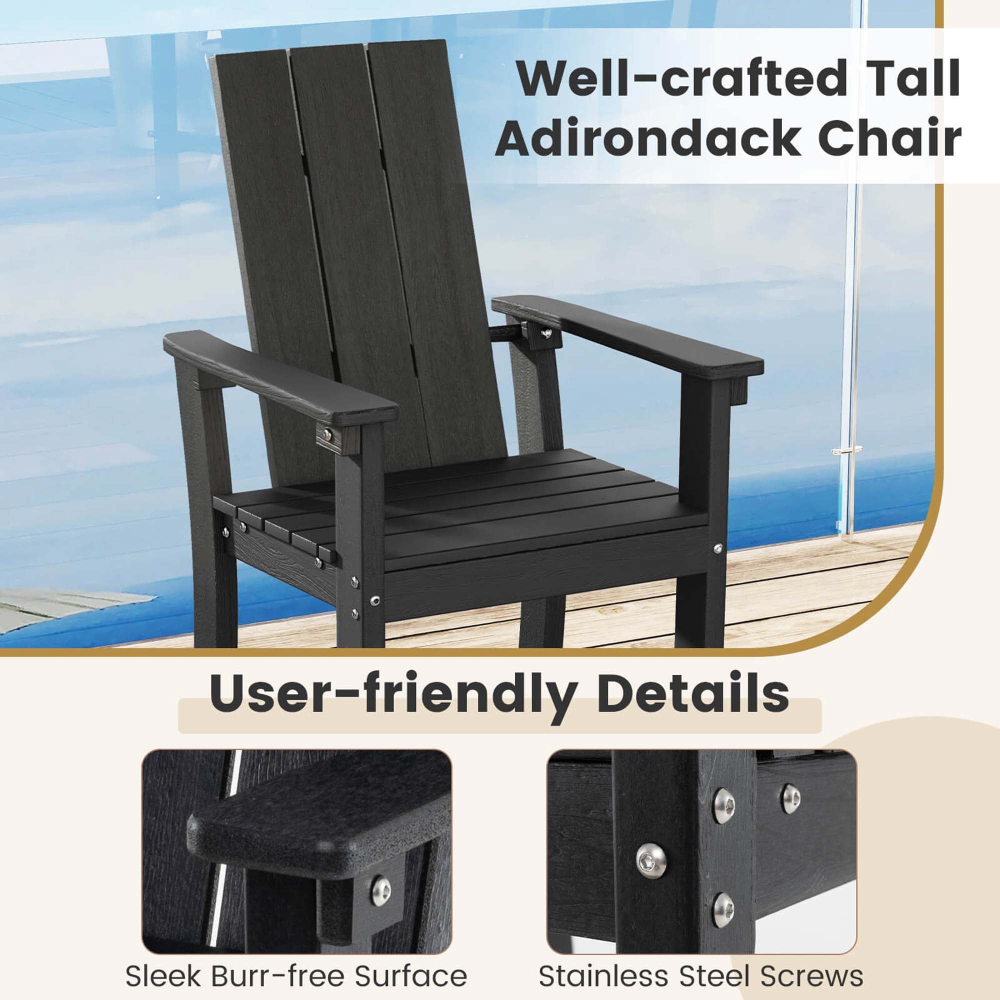 Costway Tall Adirondack Chair with Ergonomic Backrest Armrests & Footrest for Backyard Black