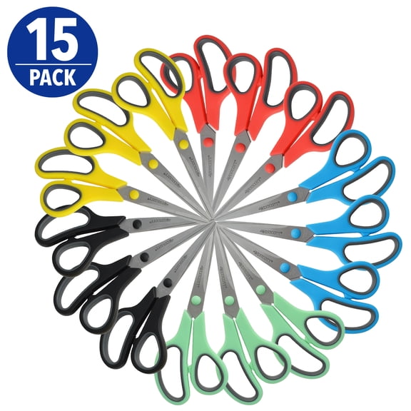 Westcott 8 Inch Straight Stainless Steel Scissors with Soft Handles, Assorted Colors, Pack of 15