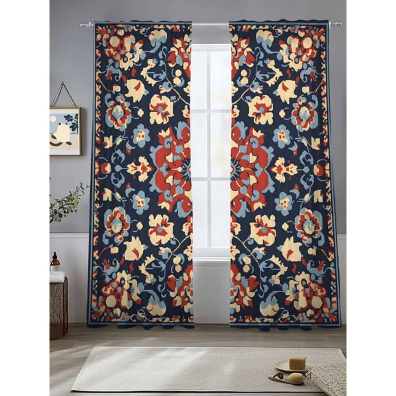 Red Blue Geometric Sheer Curtains for Living Room Bedroom Ethnic Vintage Southwest Floral Sheer Curtains 84 Inch Long 2 Panels Set Light Filtering Curtain Window Treatments Drapes for Dining Room