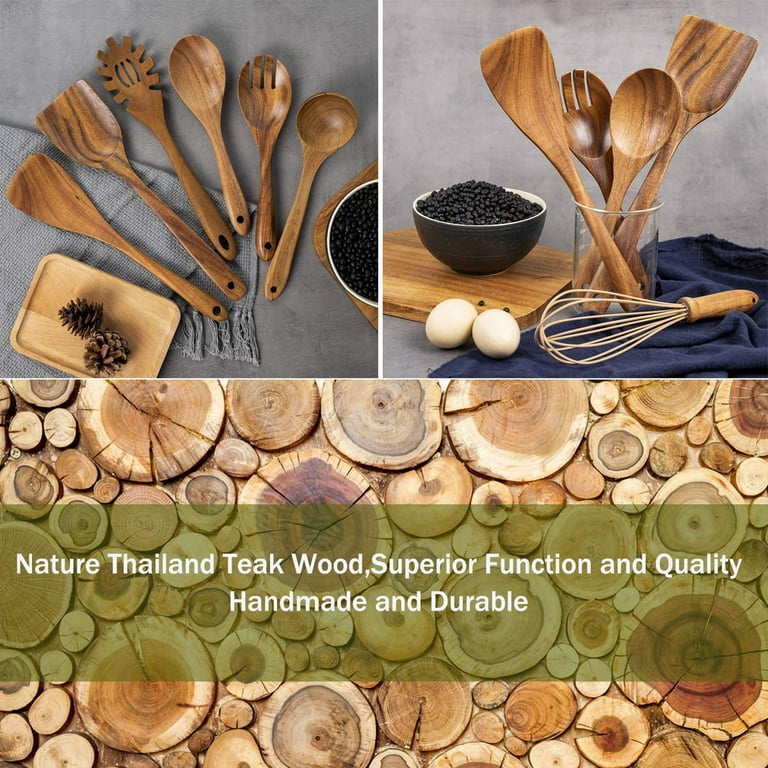 Wooden Spoons for Cooking, 10 Pcs Teak Wood Cooking Utensil Set