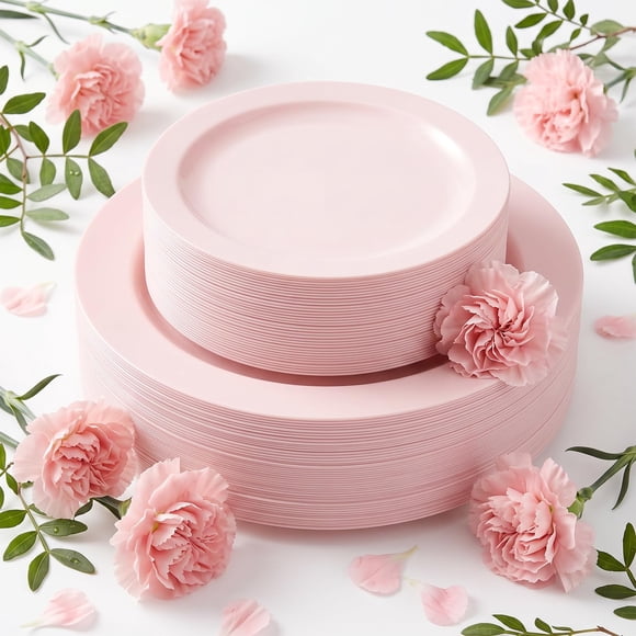 Moretoes 100PCS Pink Plastic Plates Disposable 10inch Dinner Plates and 7inch Dessert Salad Plates Heavy Duty Plates for