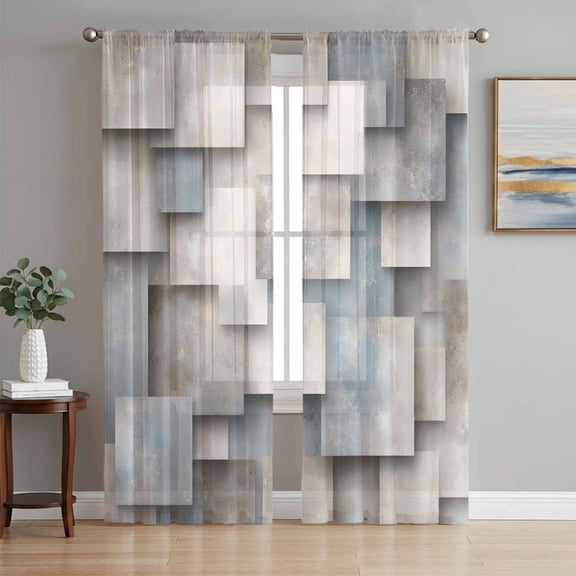 Blue Grey Geometric Sheer Curtains 96 Inch Length 2 Panels Set, Farmhouse Vintage Abstract Motifs Voile Window Treatment Semi Sheer Long Curtains Drapes for Bedroom/Living Room/Kitchen 52"x96"x2