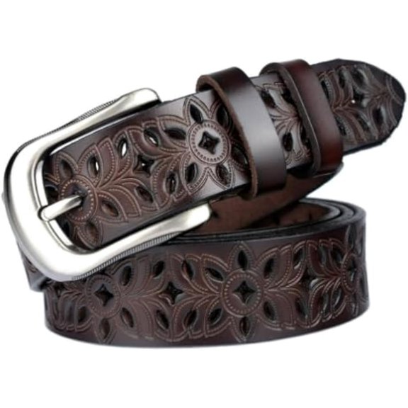 Zhengup Western-Cowboy-Belt for Women Men Vintage Metal Carved Hollow Flower PU Leather Waist-Belts for Jeans Pants Dresses Fit for 27"-38"