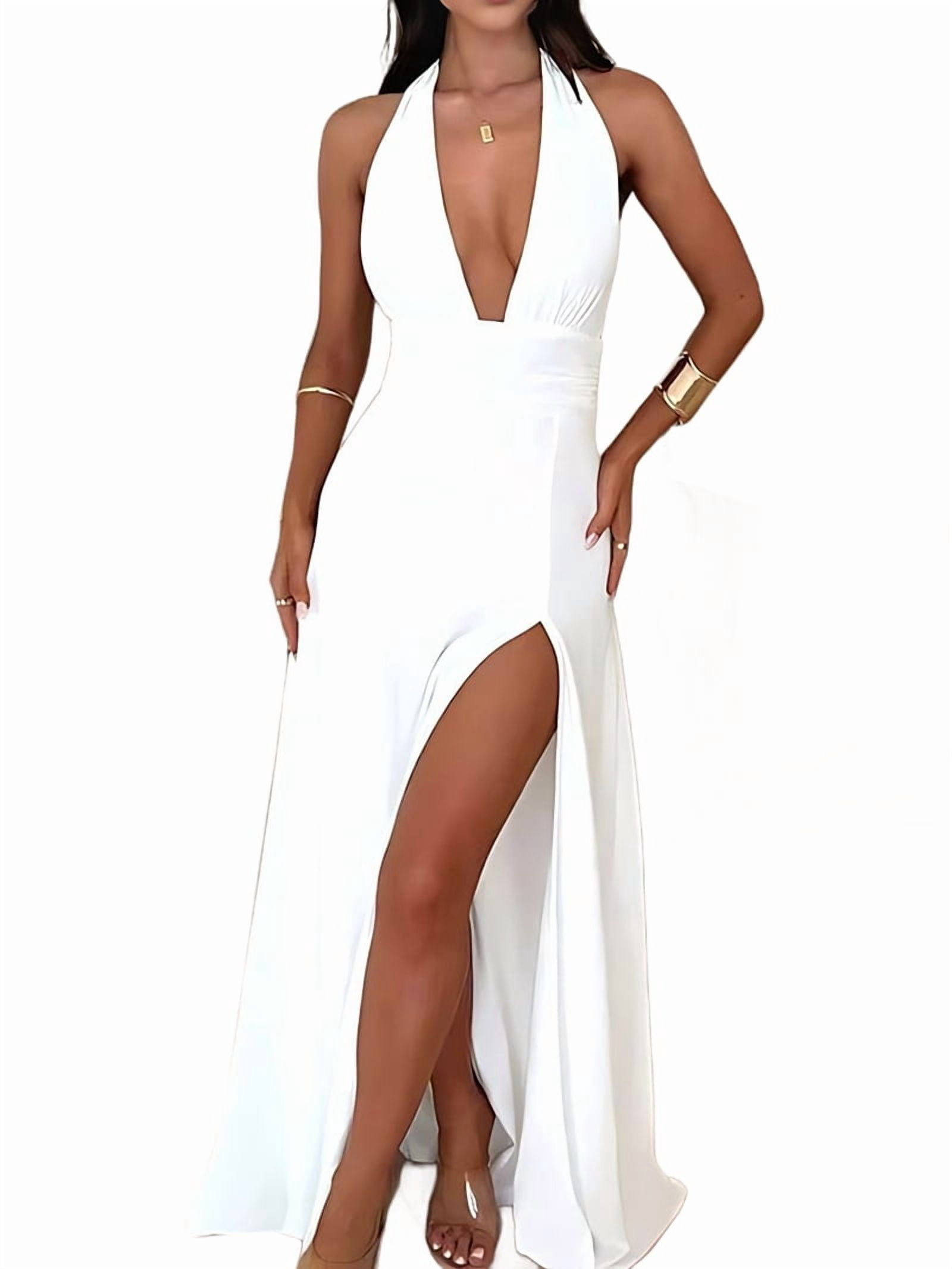 Womens Halter Deep V Neck Maxi Dress Sleeveless Backless Split Long Dress White L