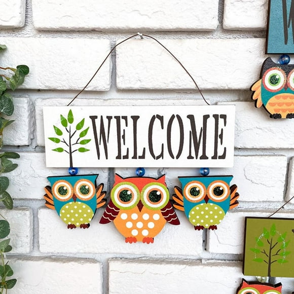 Welcome Sign for Front Door Home Decoration Vintage Hanging Wood Owl Welcome Decor for Door House Warming Gifts 6.69” H x 8.86” W (Blue)