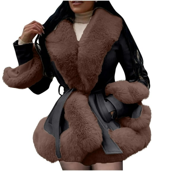 ZQUUVOU Women's Faux Leather Jacket with Faux Fur Collar Fall Winter Trendy Long Sleeve Furry Trim Parka Coat with Belt Brown