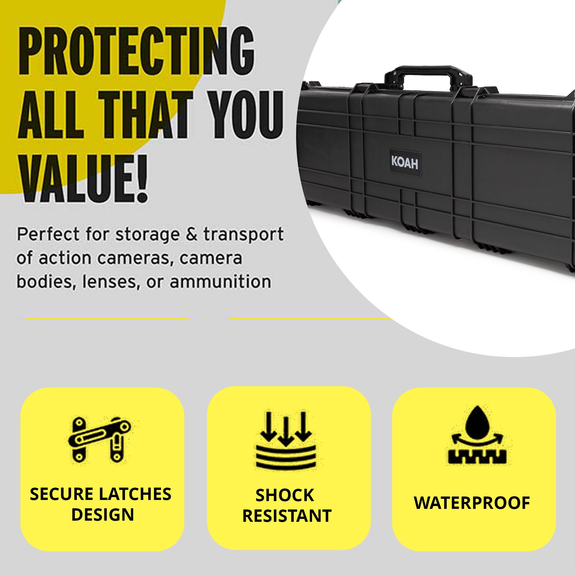 Koah 44" Inch Weatherproof Protective Roller Rifle Hard Case with Customizable Foam, Pressure Valve, and Lock Fittings (Black)