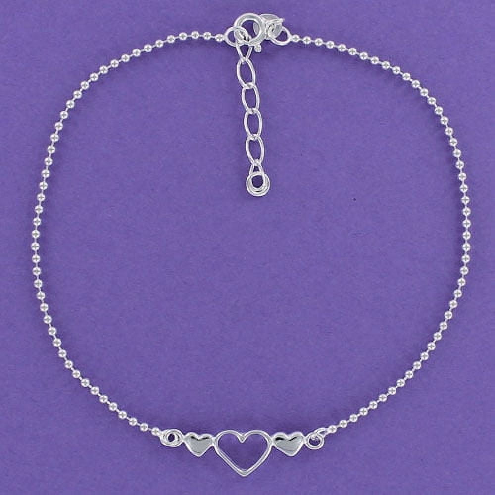 Sterling Silver Three Hearts Anklet, 8" or 9" Adjustable Ball Bead Chain