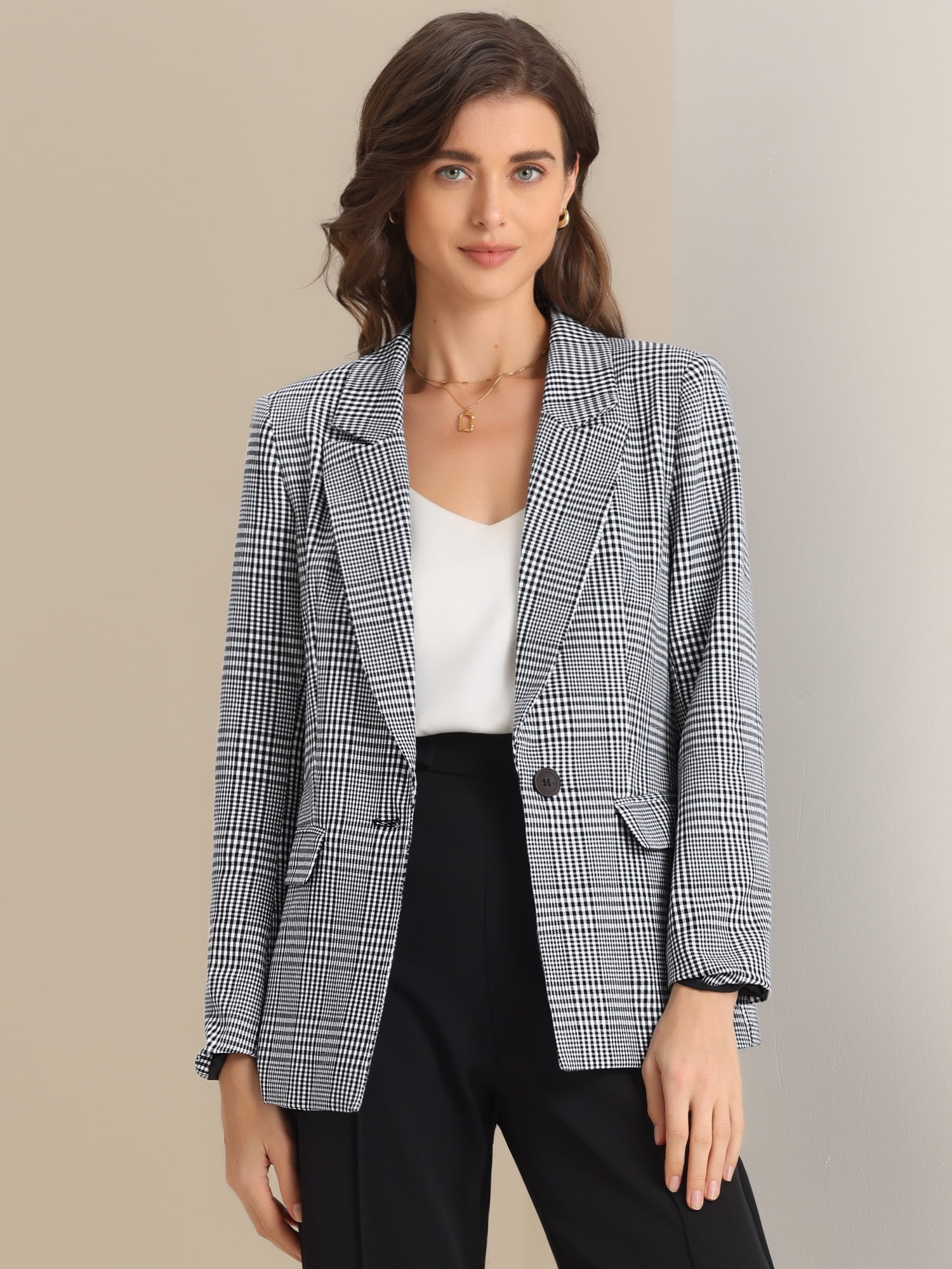 DARING DIVA Women's Plaid Notched Lapel Blazer M Black White Pattern 2