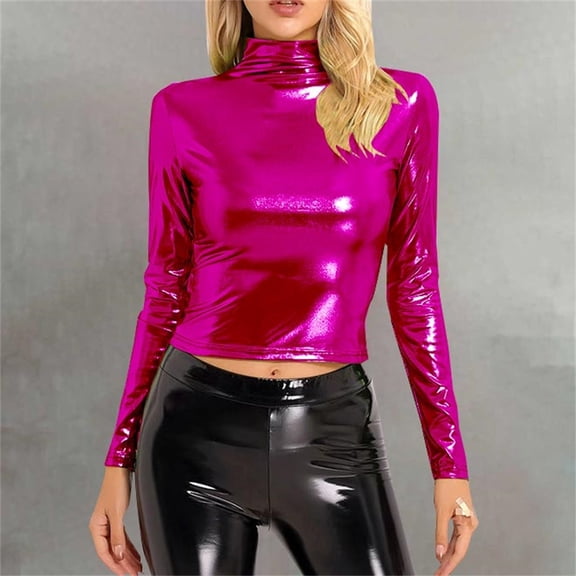 Alitao Going Out Tops Long Sleeve Shirts Metallic Liquid Mock Neck Turtleneck Crop Top Long Sleeve/Sleeveless Tank Top T Shirt Crop Tops Fall Outfits Hot Pink XL