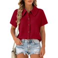 thumbnail image 4 of Sillenn Women's Waffle Button Down Collared Shirt Short Sleeve Casual Blouse Loose Fit Lightweight Waffle Knit Gauze Shirts Summer Dressy Casual Office Work Blouse Business Camping Clothes Red Xxl, 4 of 7