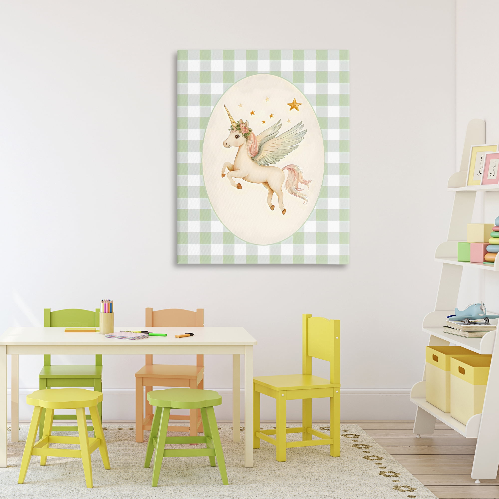 Stupell Industries Winged Unicorn over Green Gingham Canvas Wall Art, design by Arlington Prints
