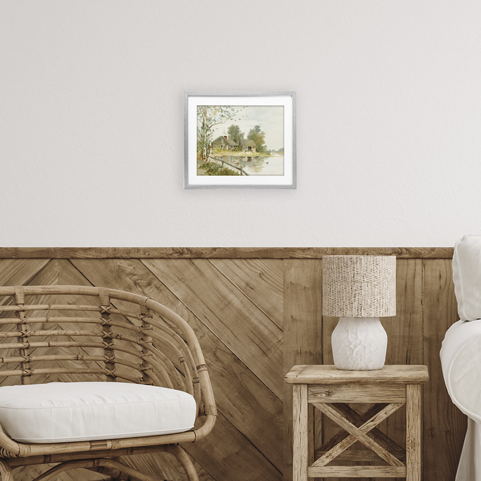 Cabin Along River's Edge Gray Framed Print Under Glass, design by Lettered and Lined