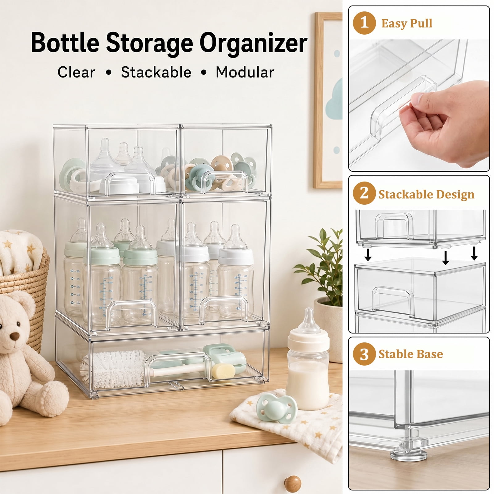 5-Piece Baby Bottle Organizer for Countertop, Clear Acrylic Drawer Set, Bottle Organizer for Pump Parts, Bottle Storage Organizer Baby for Nursery, Bathroom Vanity, Kitchen Counter