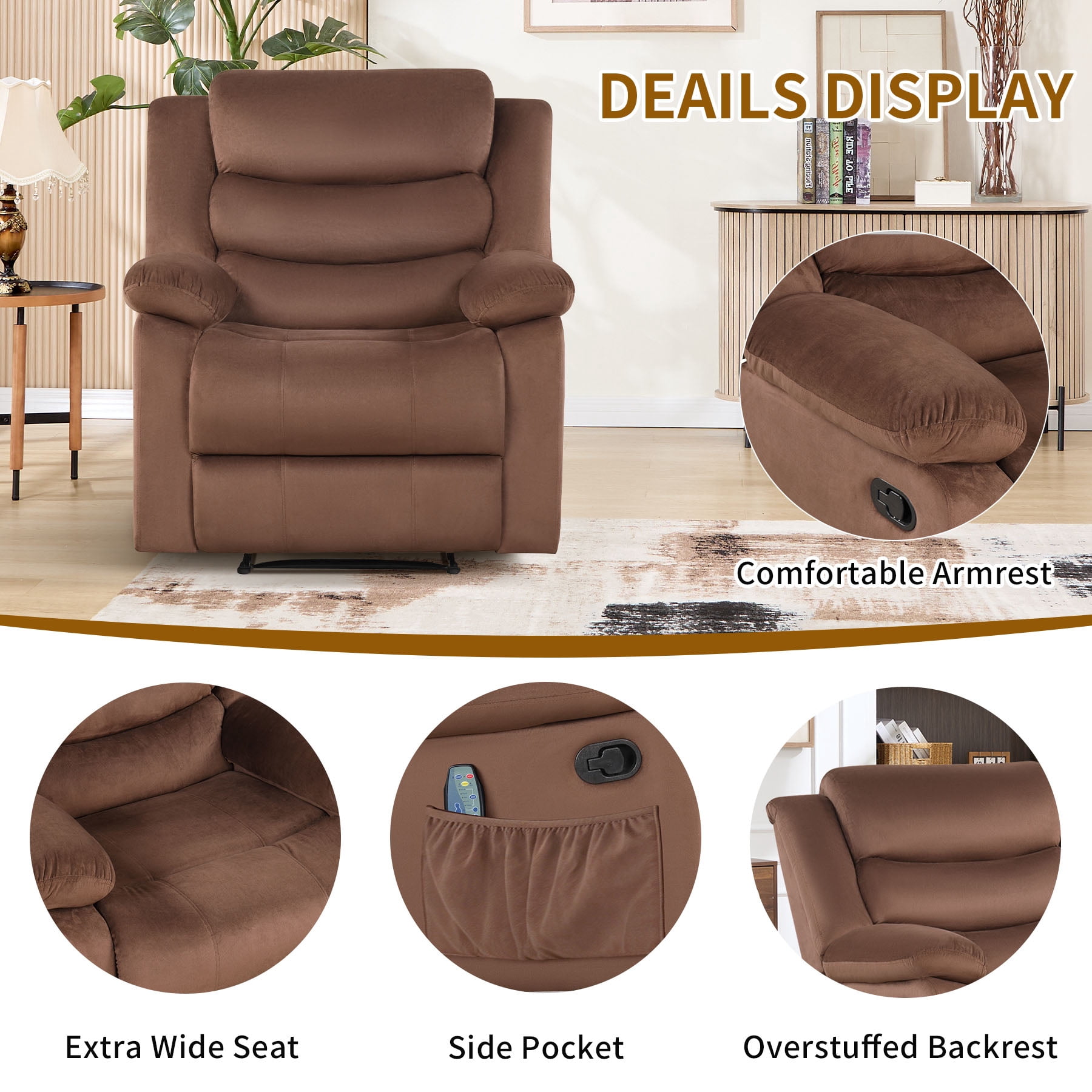 Bonzy Home Modern Comfort Reclining Chair, Breathable Fabric Recliner Chairs with Massage & Heating, Brown
