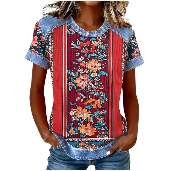 Tnhcen Women's Plus Size Floral Print Waffle Knit Short Sleeve Blouse Denim Trim Casual Blouse Blended Fabric Breathable Soft Daily Wear (Sizes S - 3XL)