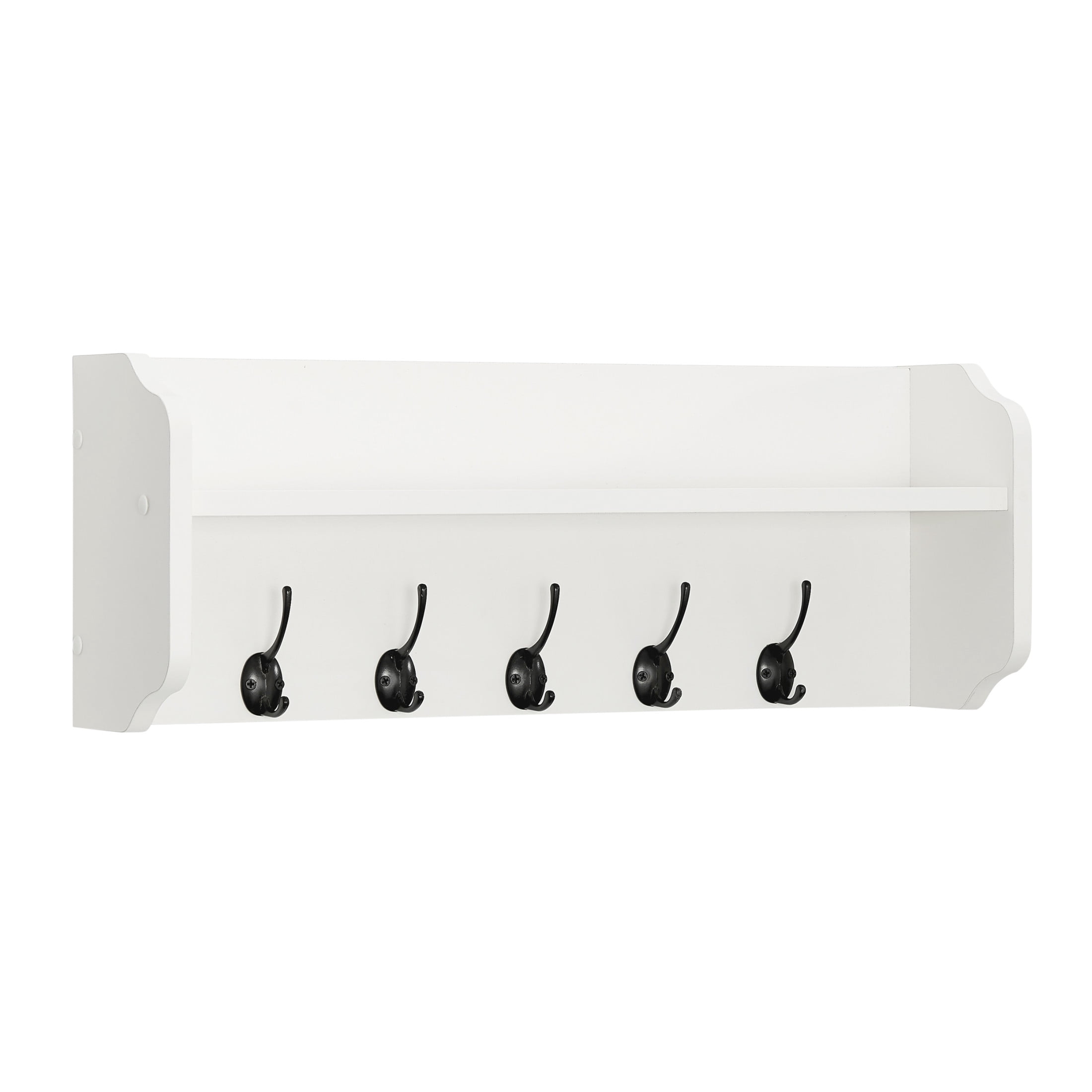Entryway Floating Utility Wall Shelf with Hooks – Wall Mounted - White