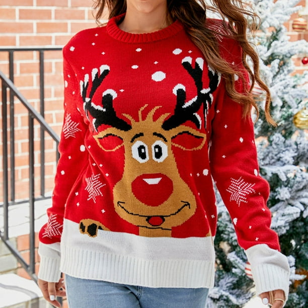 Suéter de cuello redondo de moda para mujer, suéter de punto con estampado navideño, blusa superior, suéter para mujer